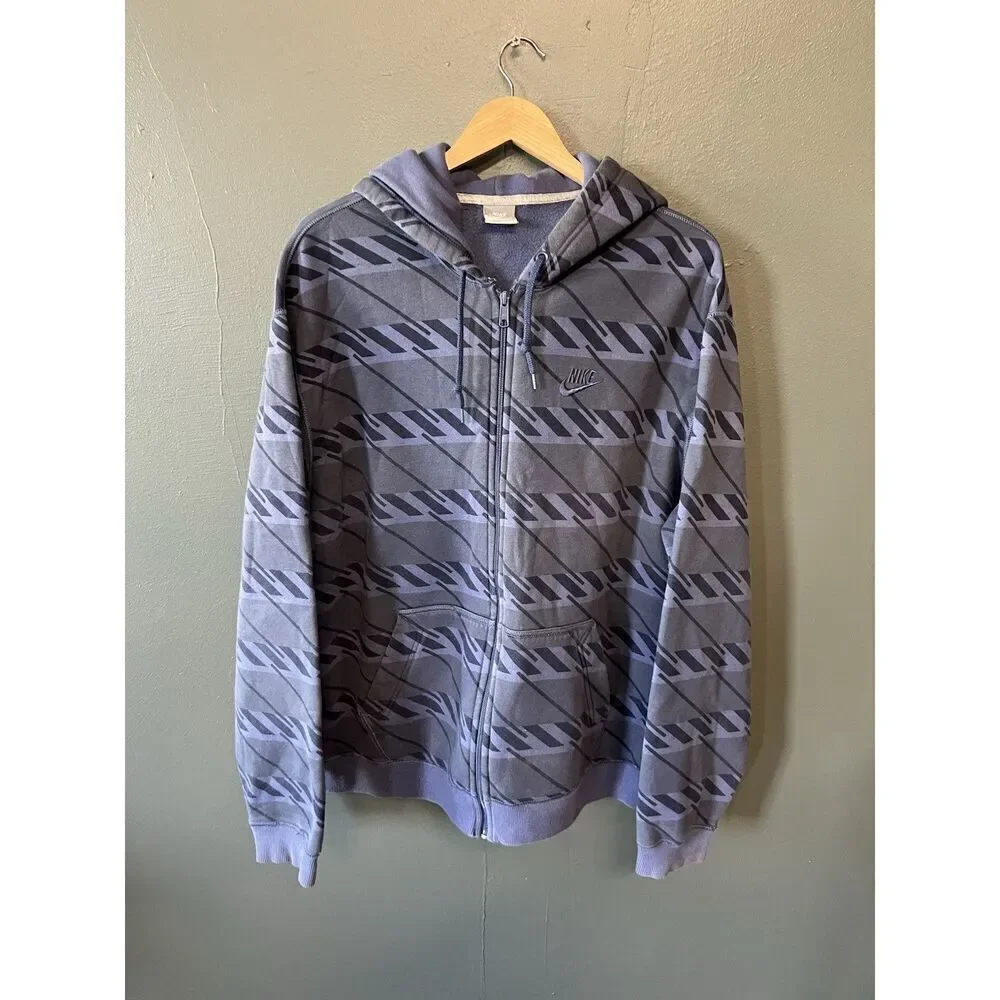 Y2K Nike Mens Blue Striped Full Zip Hooded Sweatshirt Size 2XL